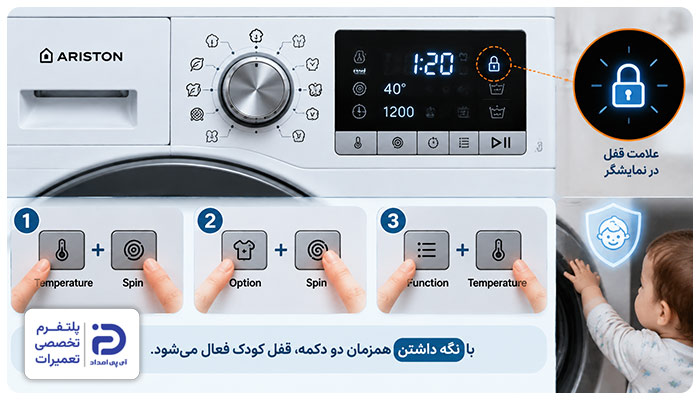 فعال کردن قفل کودک لباسشویی آریستون