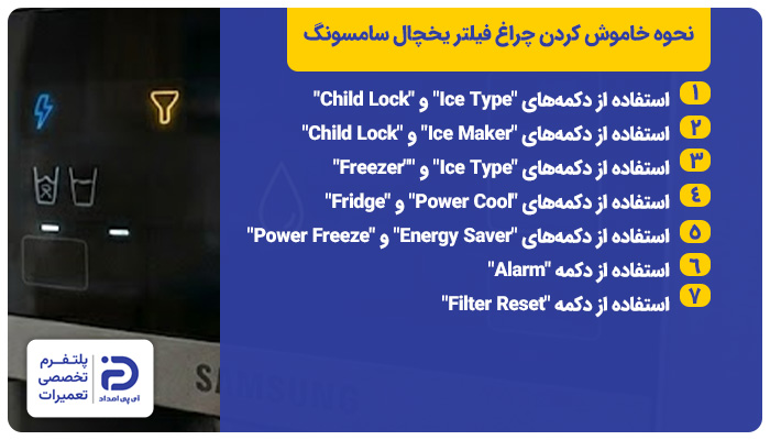 نحوه خاموش کردن چراغ فیلتر یخچال سامسونگ
