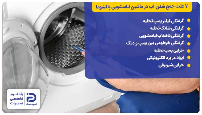 7 علت جمع شدن آب در ماشین لباسشویی پاکشوما