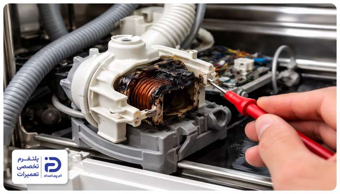 سوختن سیم‌پیچ پمپ تخلیه از دلایل ارور d02 در ماشین ظرفشویی سامسونگ