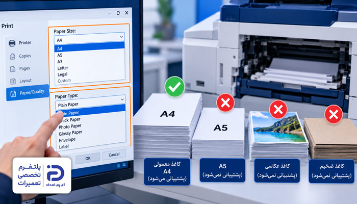 انتخاب اشتباهی اندازه یا نوع کاغذ از دلایل پشت و رو پرینت نگرفتن پرینتر